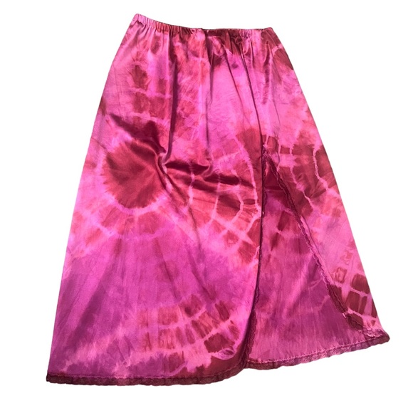 Sold// Ultra Sexy Vintage Pink Tie Dyed Half Slip, High Slit, Lace Trim, 20”-27” - Picture 2 of 6